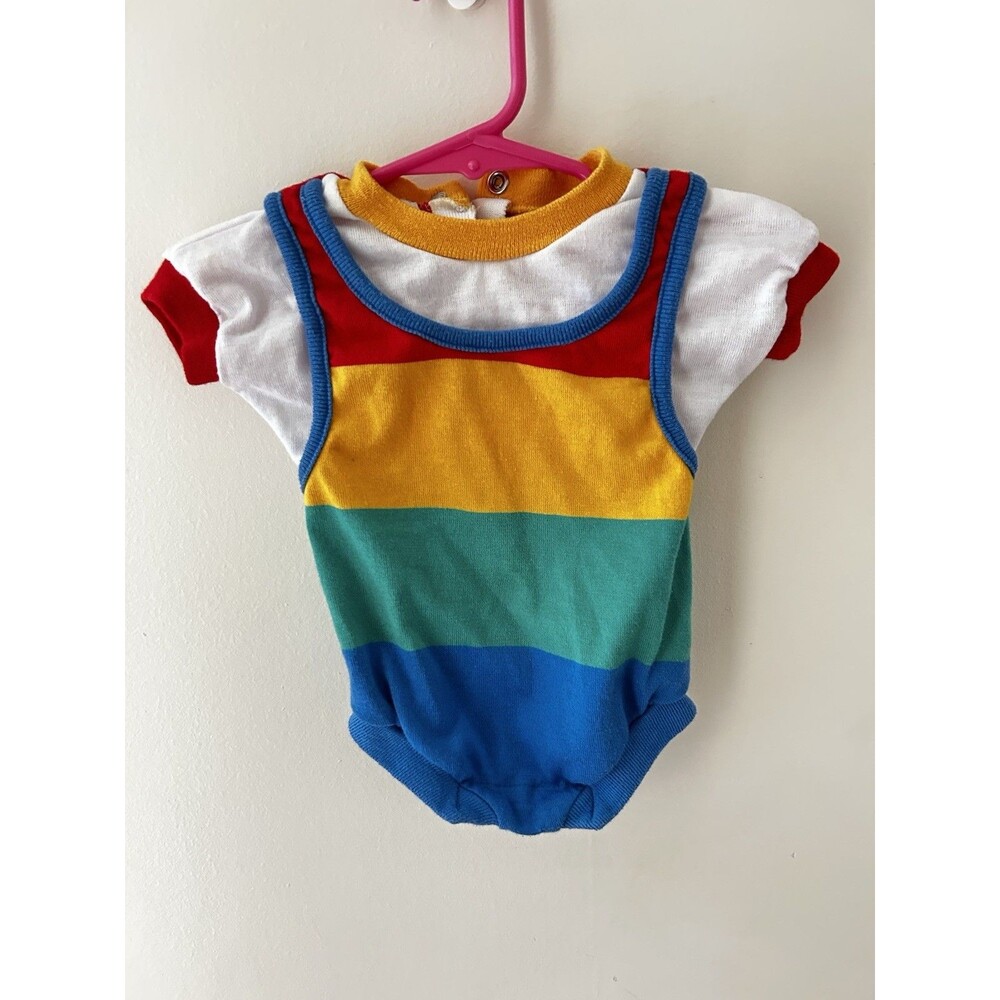 1980s HEALTHTEX Boy 3 Months Romper One-piece Primary Colors Striped Rainbow